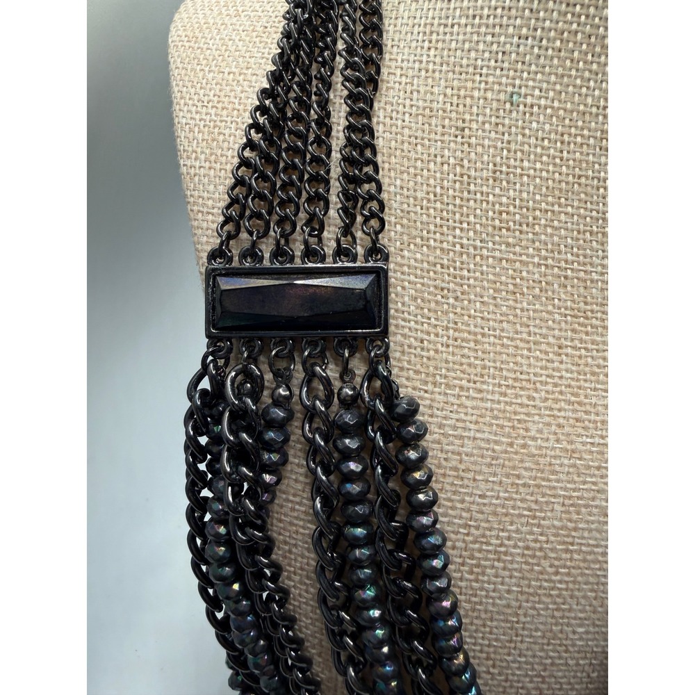 Gunmetal Multi Strand Statement Necklace Black Iridescent Beaded Layered Chain - Picture 2 of 5